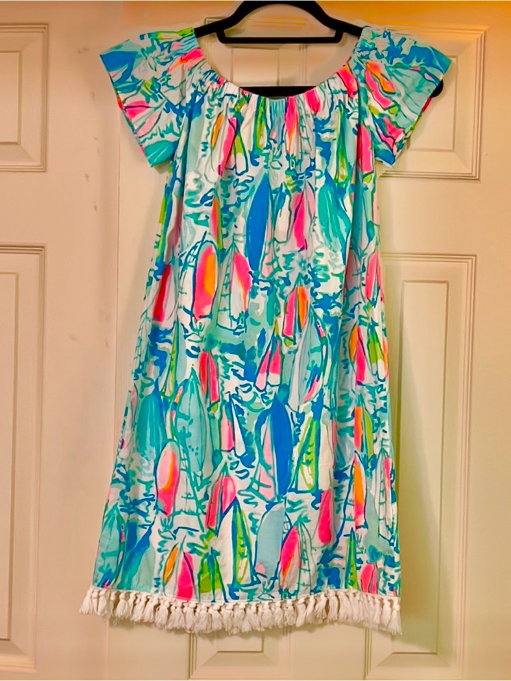 Women’s ' Bright Lilly Pulitzer Marble Bea Print Tassel-Hem Dress - Blue & Pink